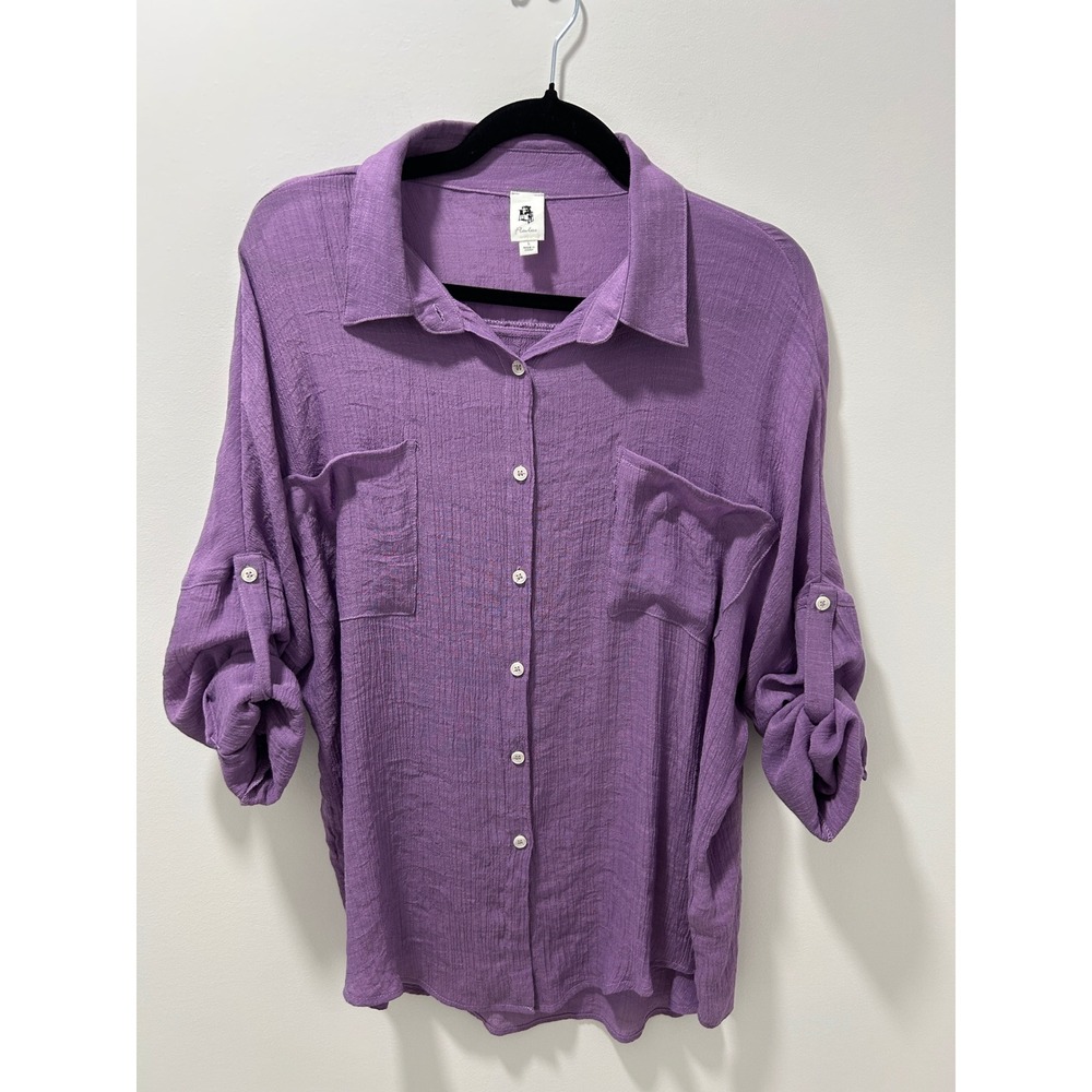 Pistola Purple Textured Button Down gauze Blouse Roll Tab Sleeve Pocket Large